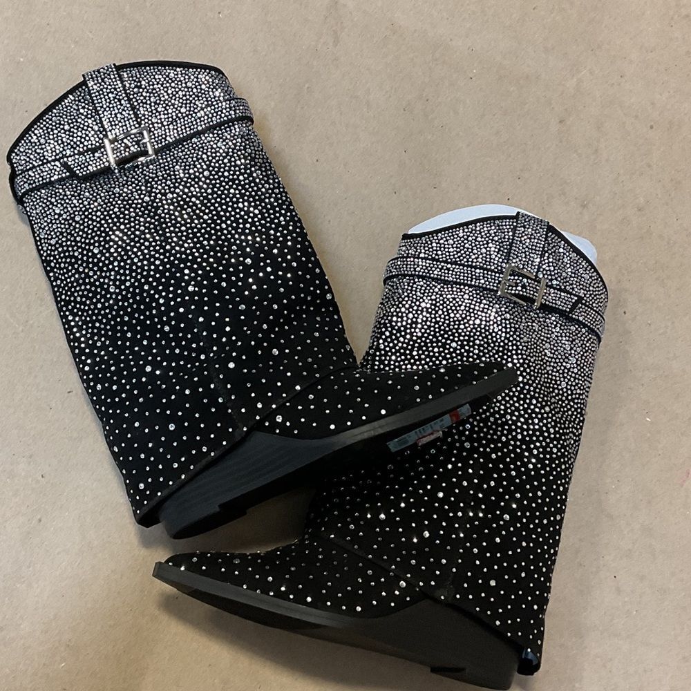 Madden Girl Black and White Rhinestone Heeled Boots - Picture 5 of 5